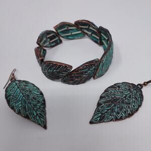 Copper Patina Stretch Bracelet Pierced Earrings Fall Leaves Faux Vertigris READ
